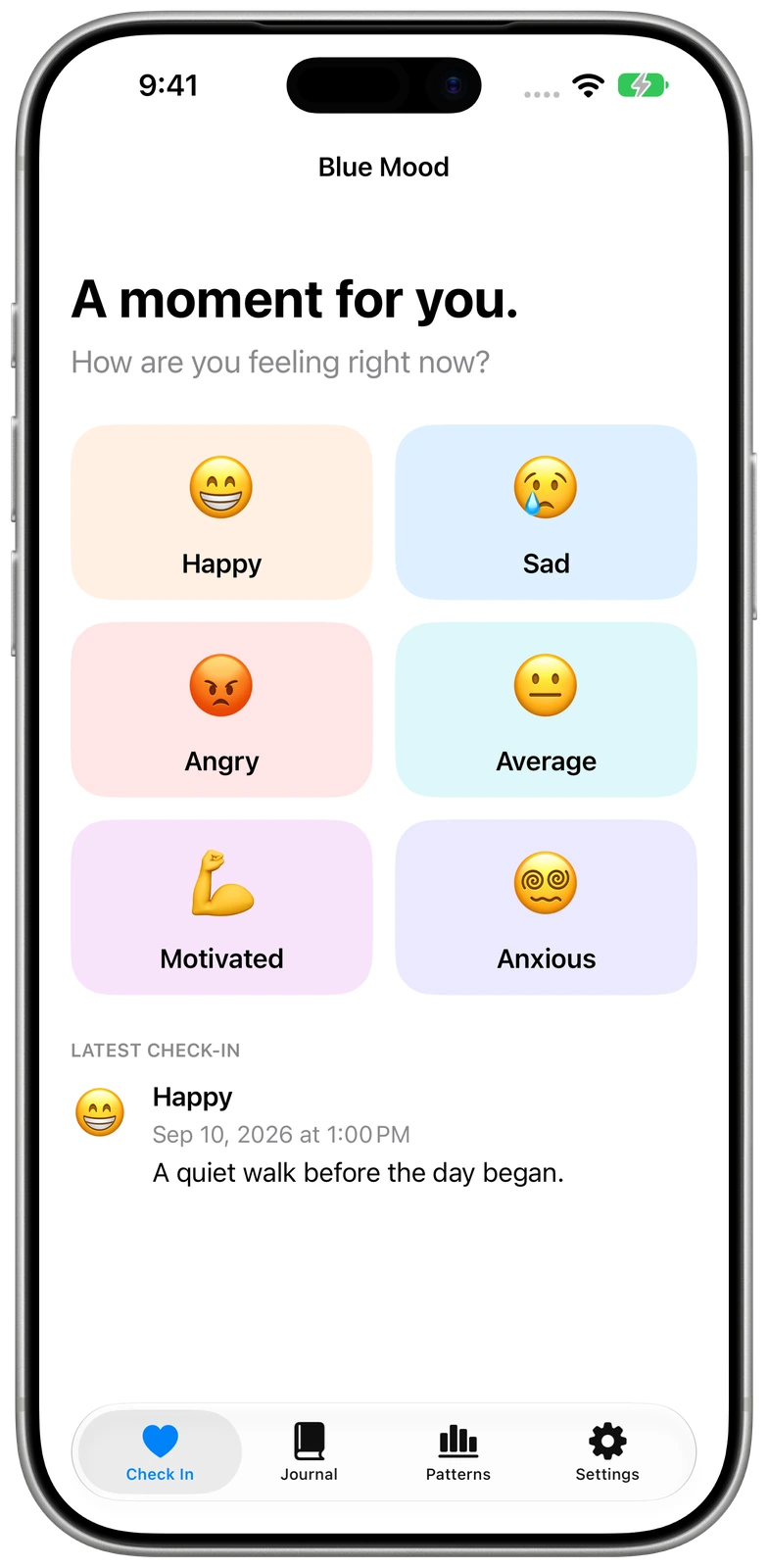 Blue Mood check-in with six feelings to choose from