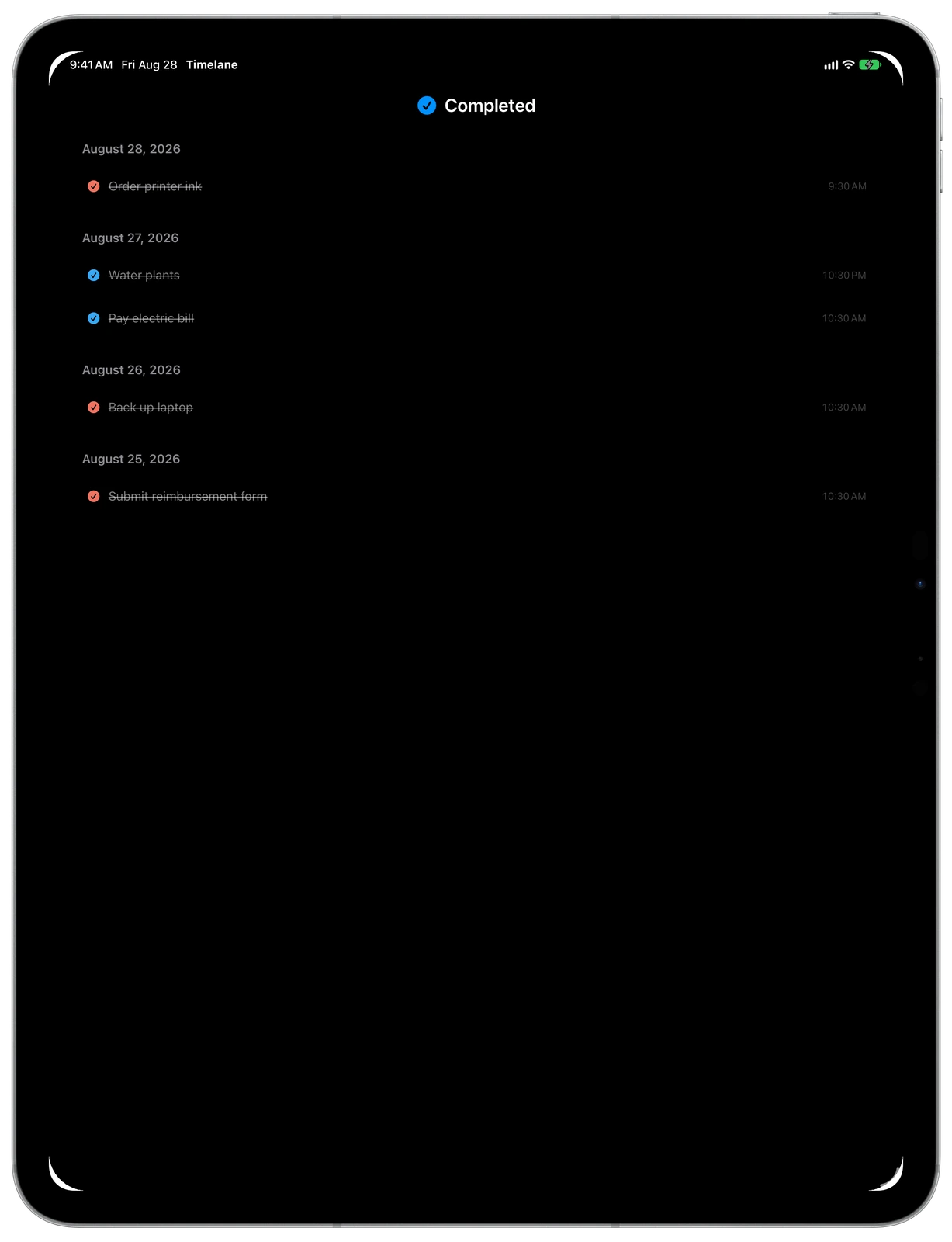 Completed items in Timelane in dark appearance on iPad