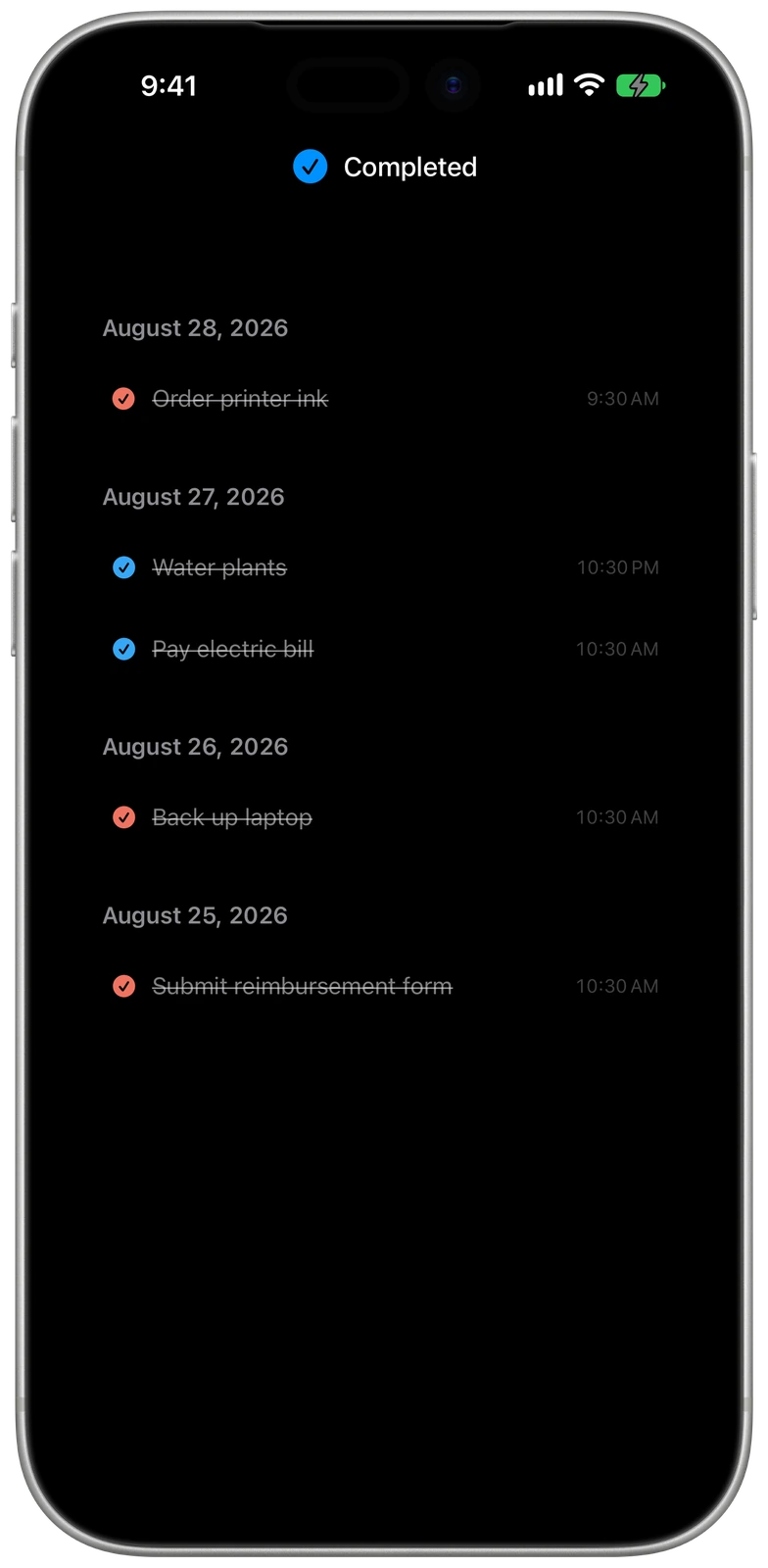 Completed items in Timelane in dark appearance on iPhone