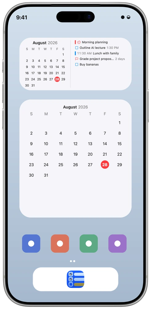 Timelane timeline and calendar widgets arranged on an iPhone Home Screen