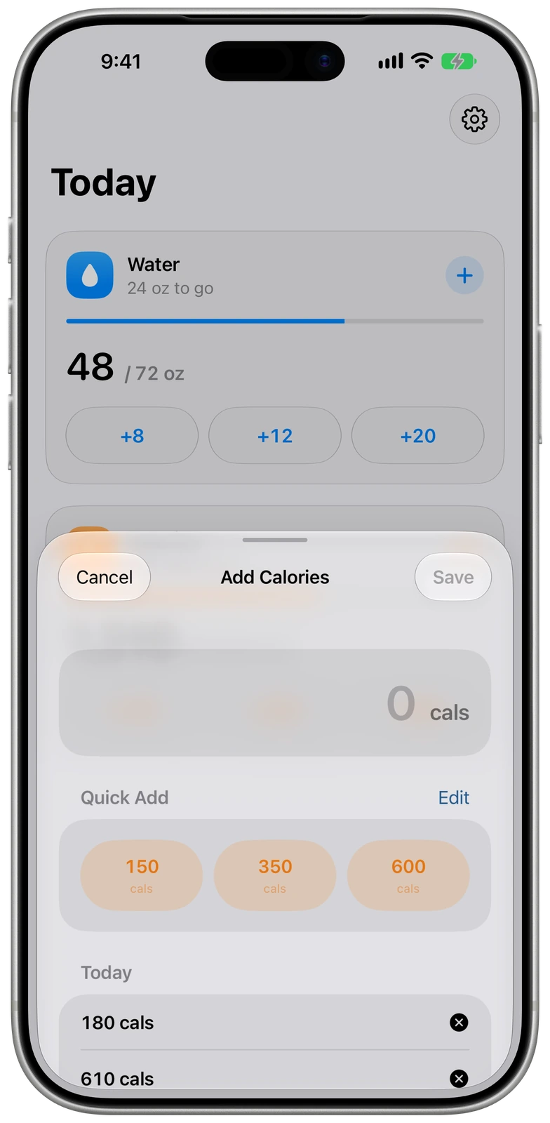 Adding calories with customizable quick amounts in WaterCal on iPhone
