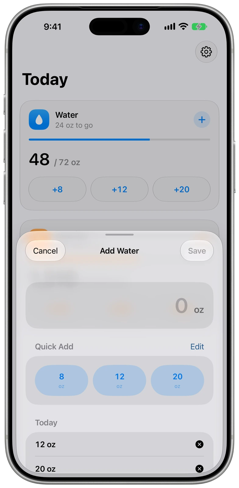 Adding water with customizable quick amounts in WaterCal on iPhone