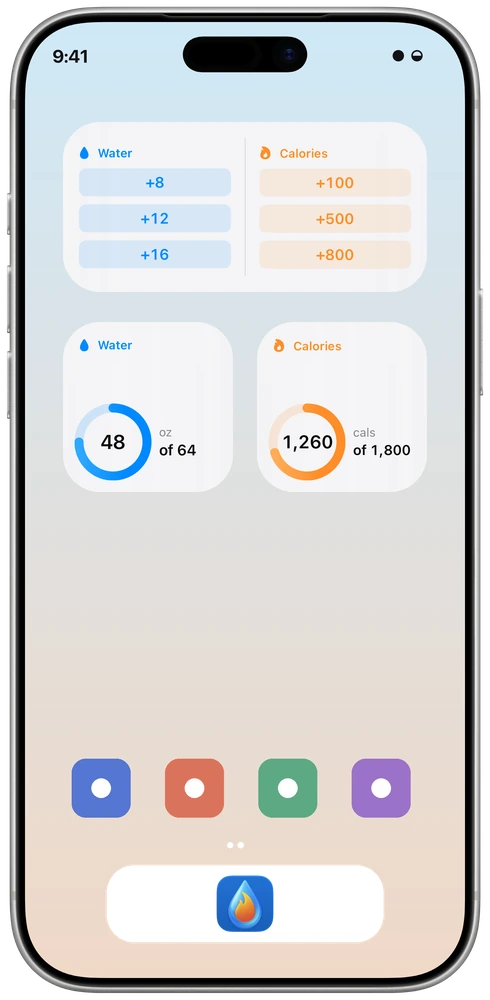 WaterCal quick-log, water, and calorie widgets arranged on an iPhone Home Screen
