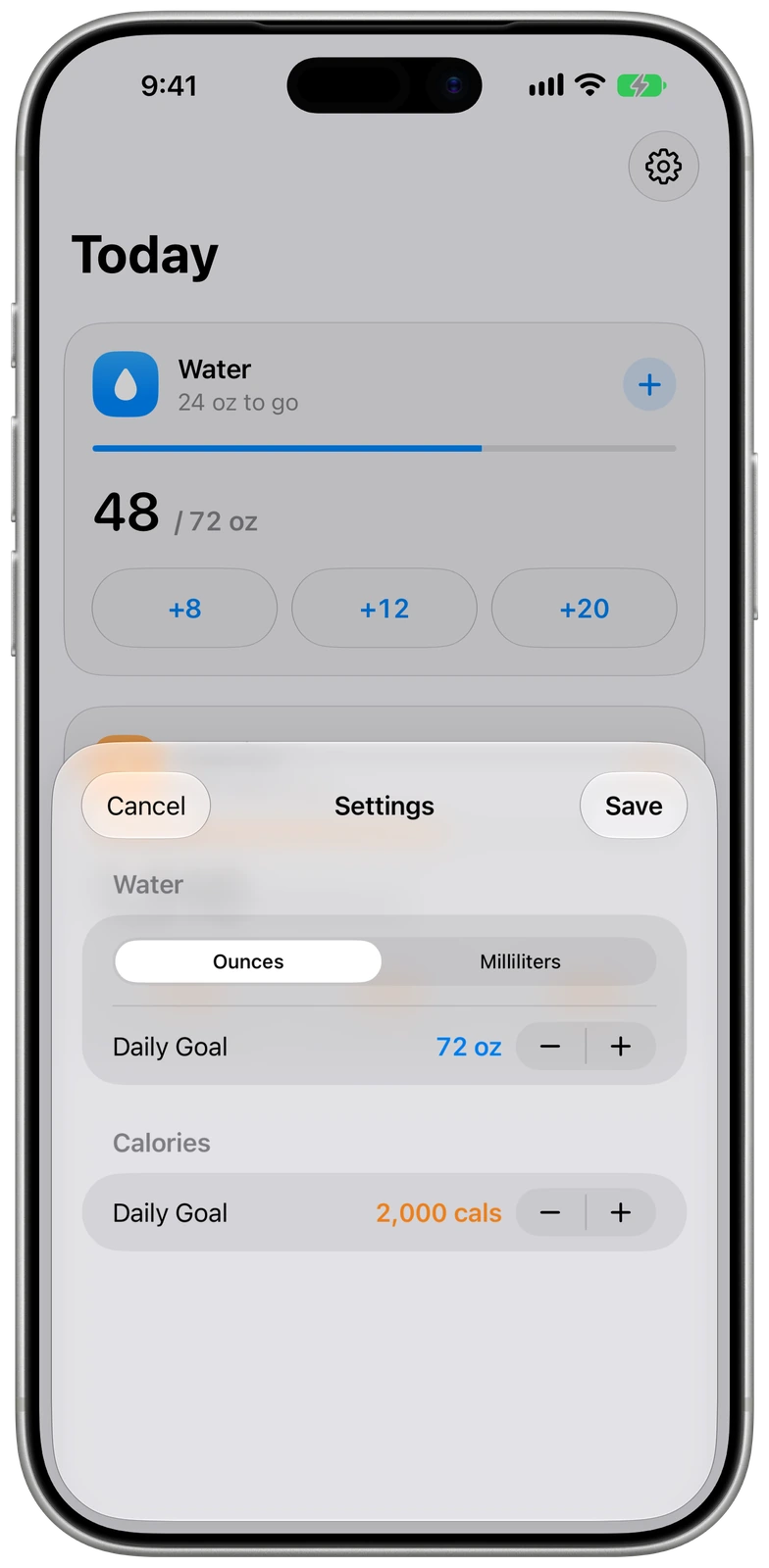 Water units and daily goals in WaterCal settings on iPhone