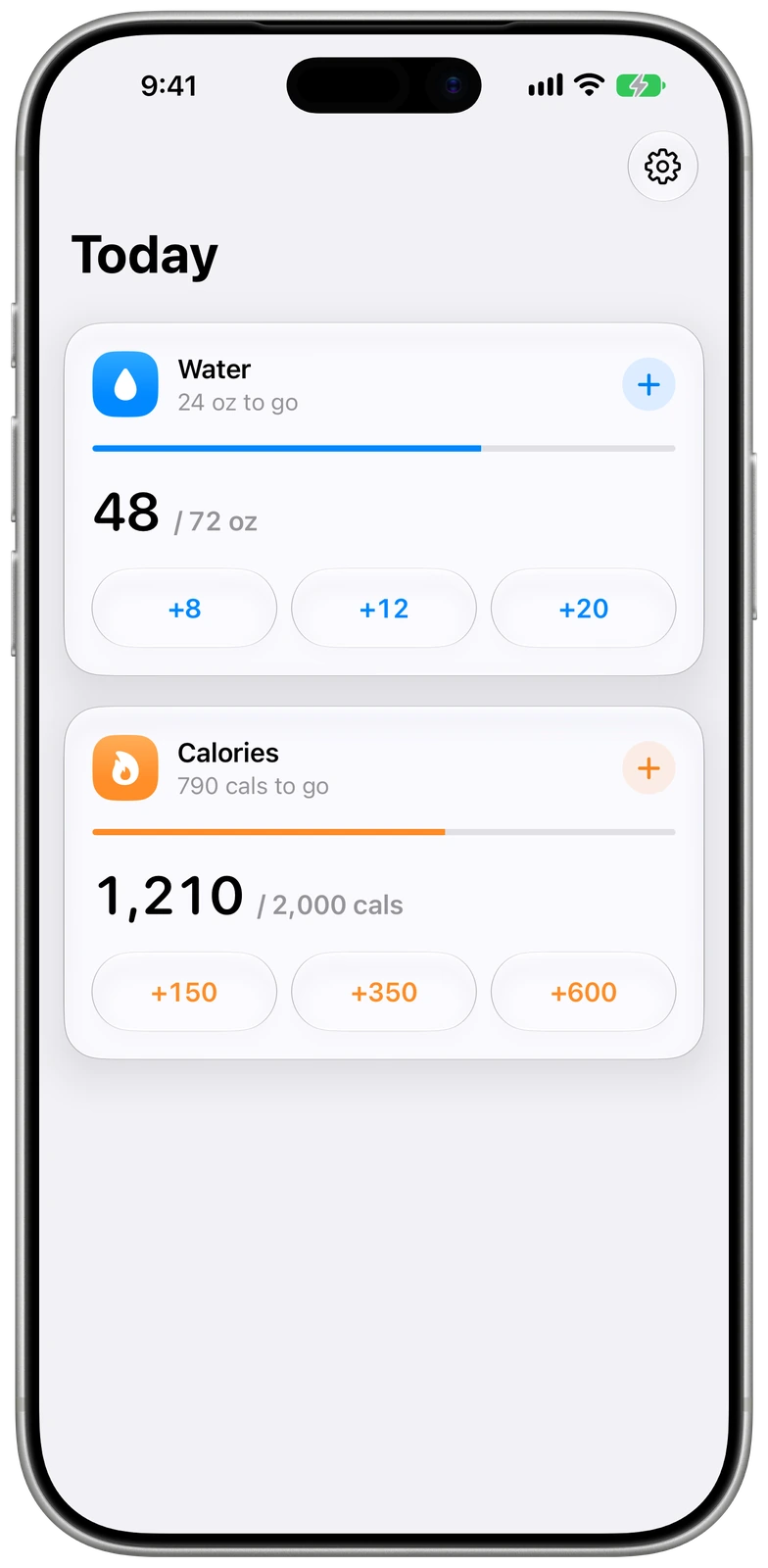 WaterCal daily water and calorie progress on iPhone